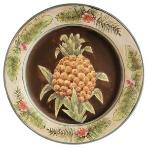 Vtg Round Ceramic Welcoming Pineapple Floral Leaf Plate 11"